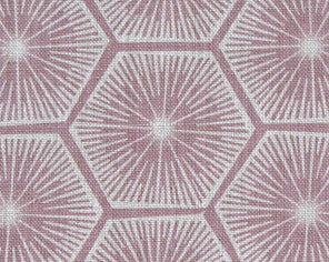 Fabric in a geometric lattice print in white on a light purple field.