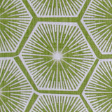 Fabric in a geometric lattice print in white on a green field.