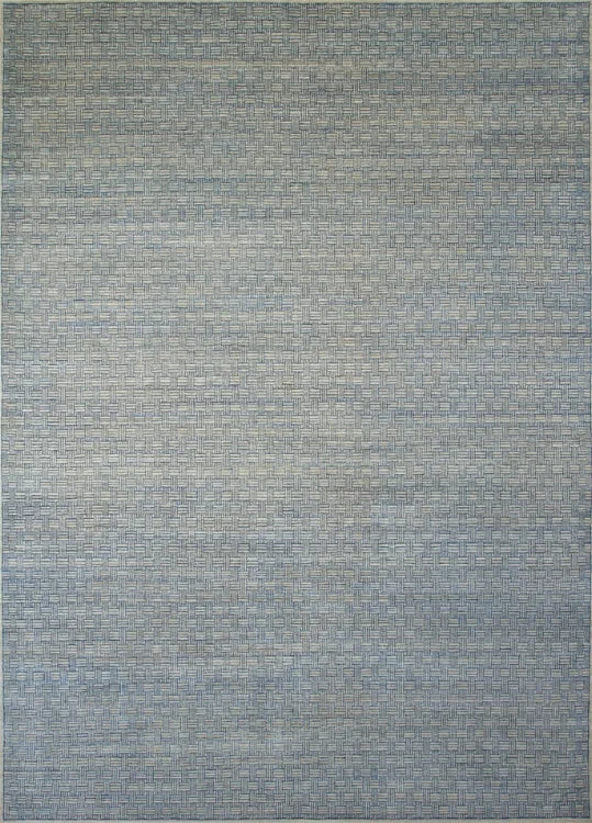 Handknoted rug in a basketweave design in blue and grey. 