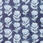 Detail of fabric in a classic floral print in blue and white on a navy field.