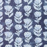 Detail of fabric in a classic floral print in light pink and white on a navy field.