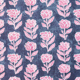 Detail of fabric in a classic floral print in pink and white on a navy field.