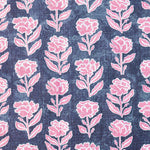 Detail of fabric in a floral grid print in pink and white on a navy field.