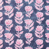 Detail of fabric in a floral grid print in pink and white on a navy field.