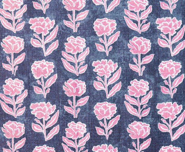 Detail of fabric in a floral grid print in pink and white on a navy field.