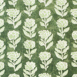 Detail of fabric in a floral grid print in light green and white on a dark green field.