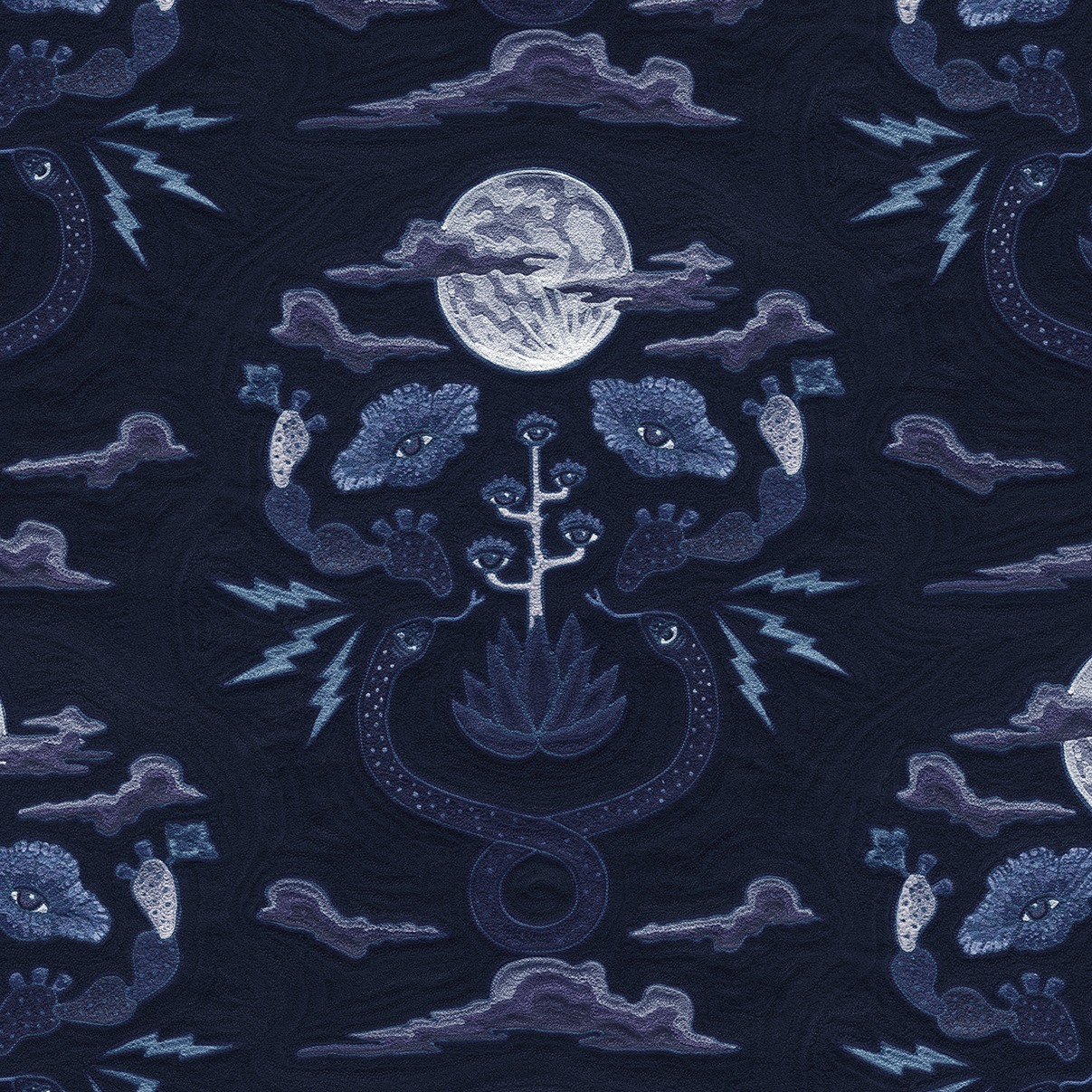 Detail of wallpaper in a playful snake, plant and moon print in shades of blue and purple.