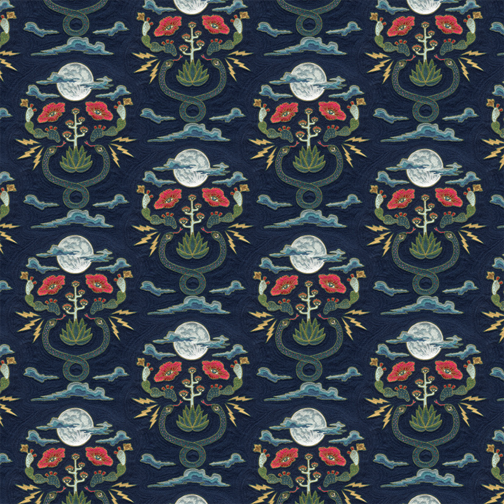 Scaled-out view of wallpaper in a playful snake, plant and moon print in jewel tones on a navy field.