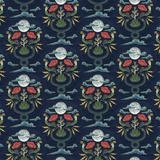 Scaled-out view of fabric in a playful snake, plant and moon print in jewel tones on a navy field.