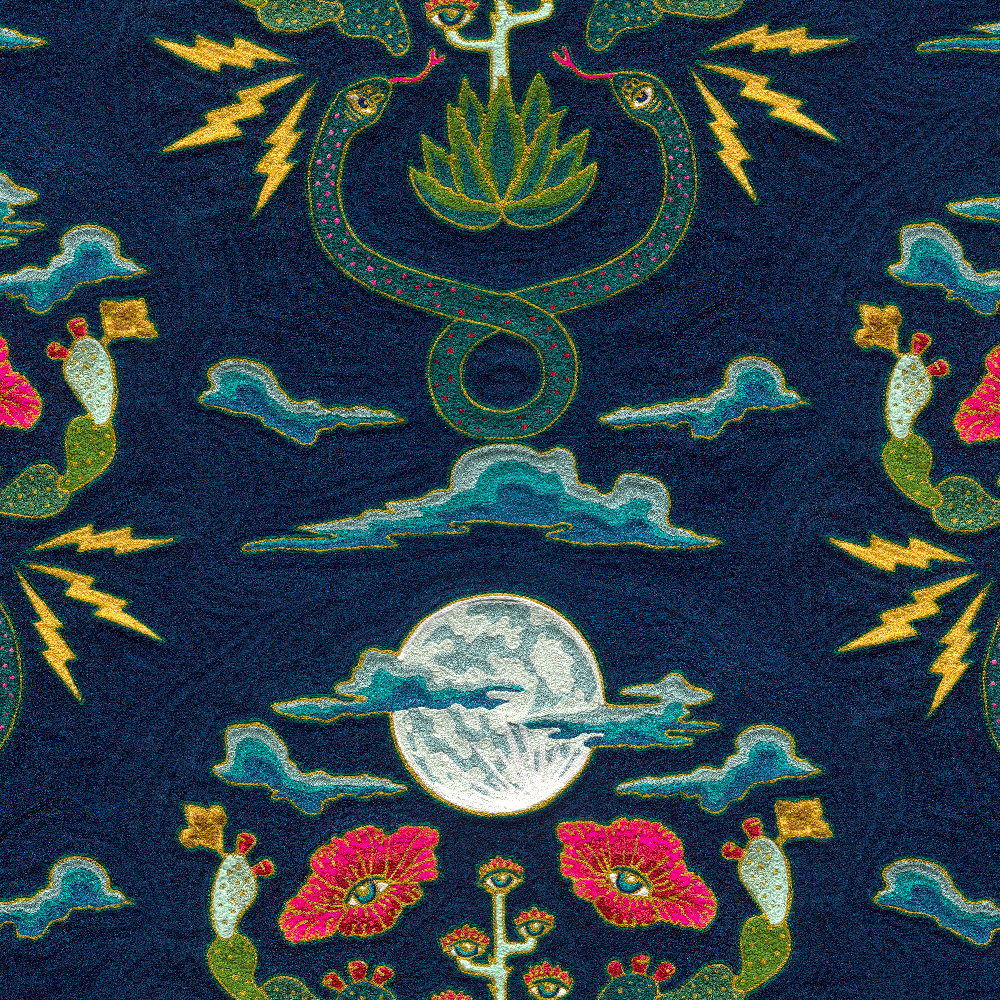 Detail of wallpaper in a playful snake, plant and moon print in jewel tones on a navy field. 