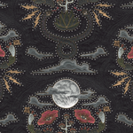 Detail of wallpaper in a playful snake, plant and moon print in shades of red, brown and gray with rhinestone accents.