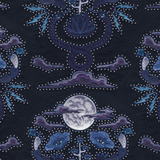 Detail of wallpaper in a playful snake, plant and moon print in shades of blue and purple with rhinestone accents.