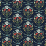 Scaled-out view of wallpaper in a playful snake, plant and moon print in jewel tones on a navy field.