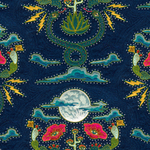 Detail of wallpaper in a playful snake, plant and moon print in jewel tones with rhinestone accents on a navy field. 