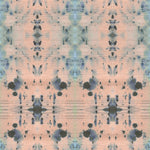 Detail of wallpaper in an abstract ink blot print in blue and gray on a light pink field.