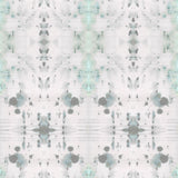 Detail of wallpaper in an abstract ink blot print in gray and green on a cream field.