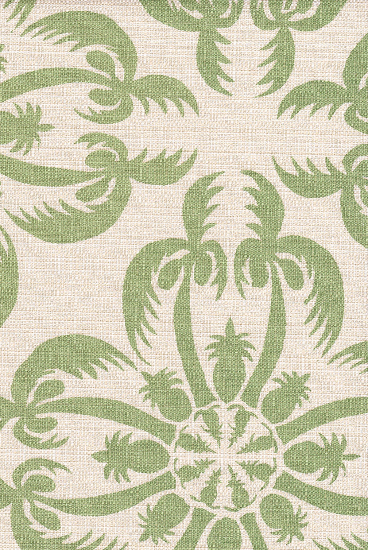 Detail of fabric in a playful botanical print in green on a cream field.