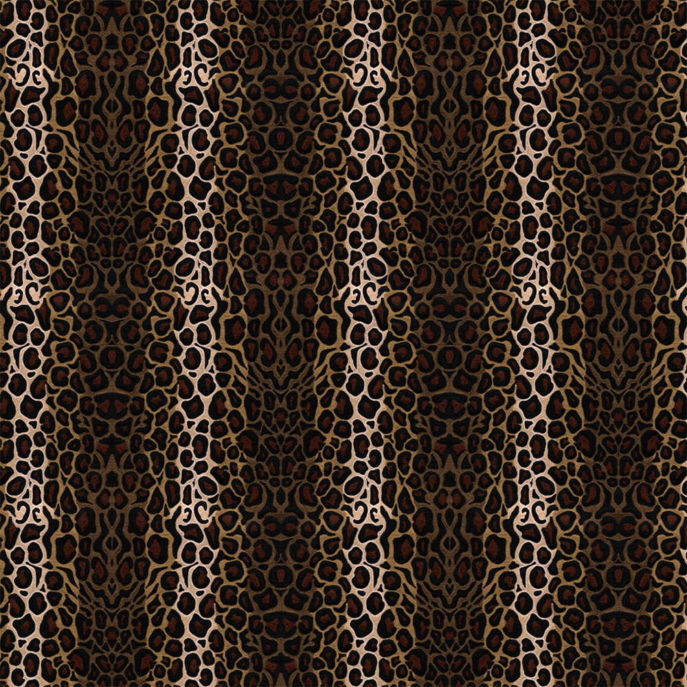 Scaled-out view of fabric in an ocelot print in shades of brown, tan and white.