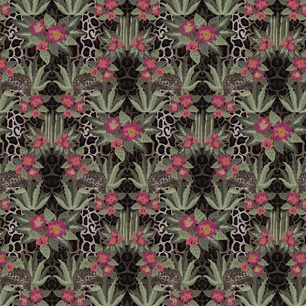 Scaled-out view of wallpaper in a maximalist flower and ocelot print on an animal-print field.