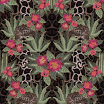 Detail of wallpaper in a maximalist flower and ocelot print on an animal-print field.