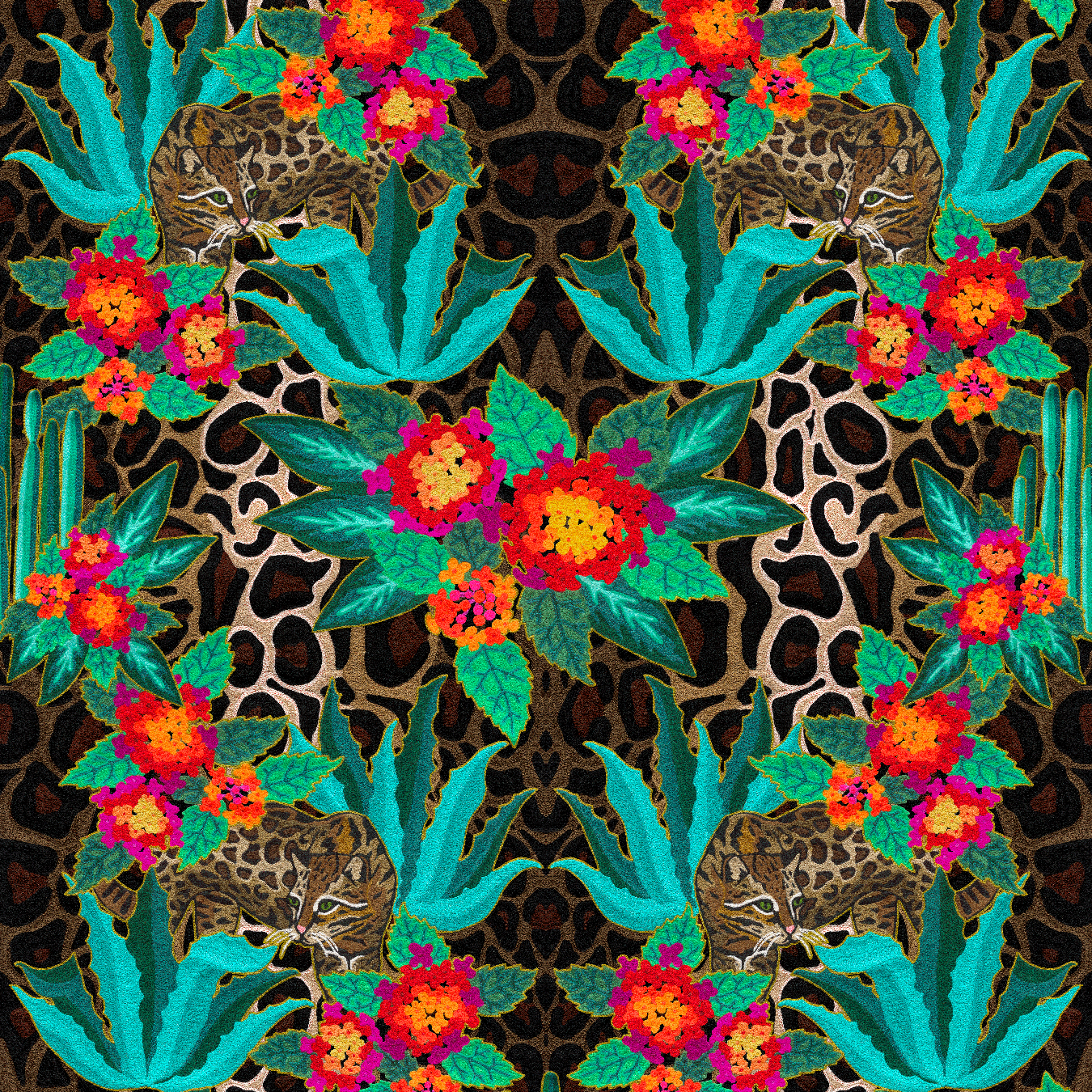 Detail of wallpaper in a maximalist flower and ocelot print on an animal-print field.