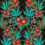 Detail of wallpaper in a maximalist flower and ocelot print on an animal-print field.