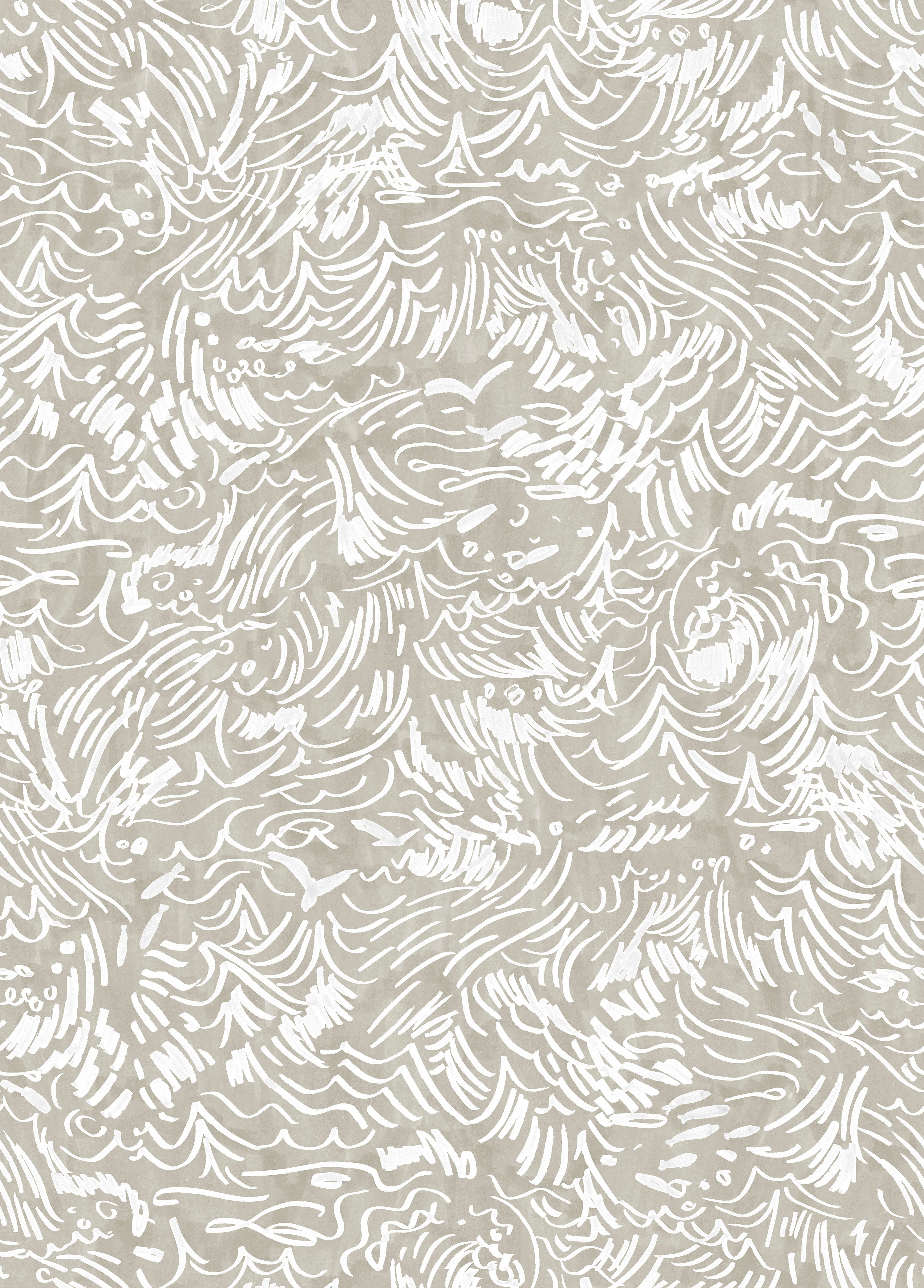 Detail of wallpaper in a painterly wave print in white on a tan field.