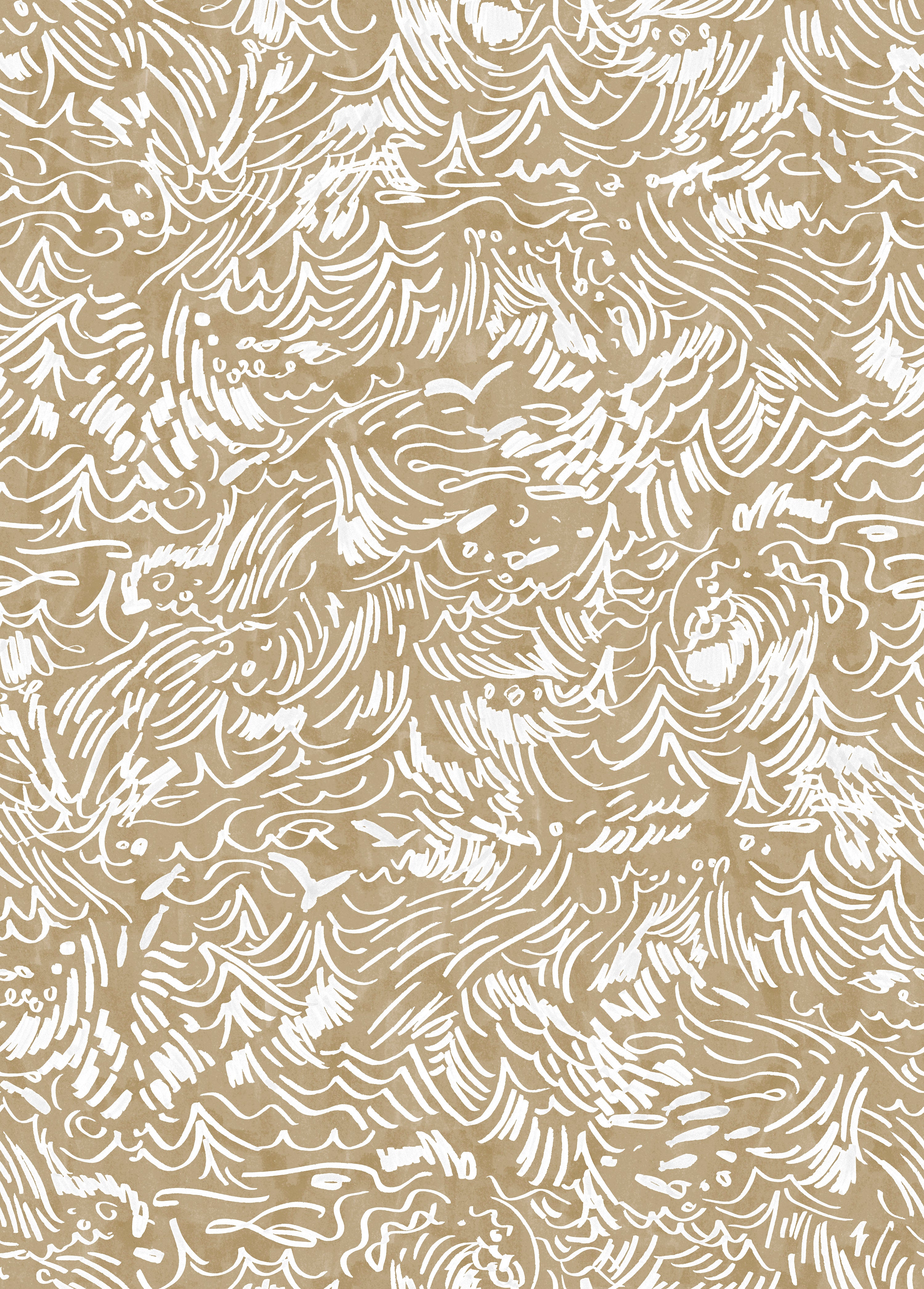 Detail of wallpaper in a painterly wave print in white on a light brown field.