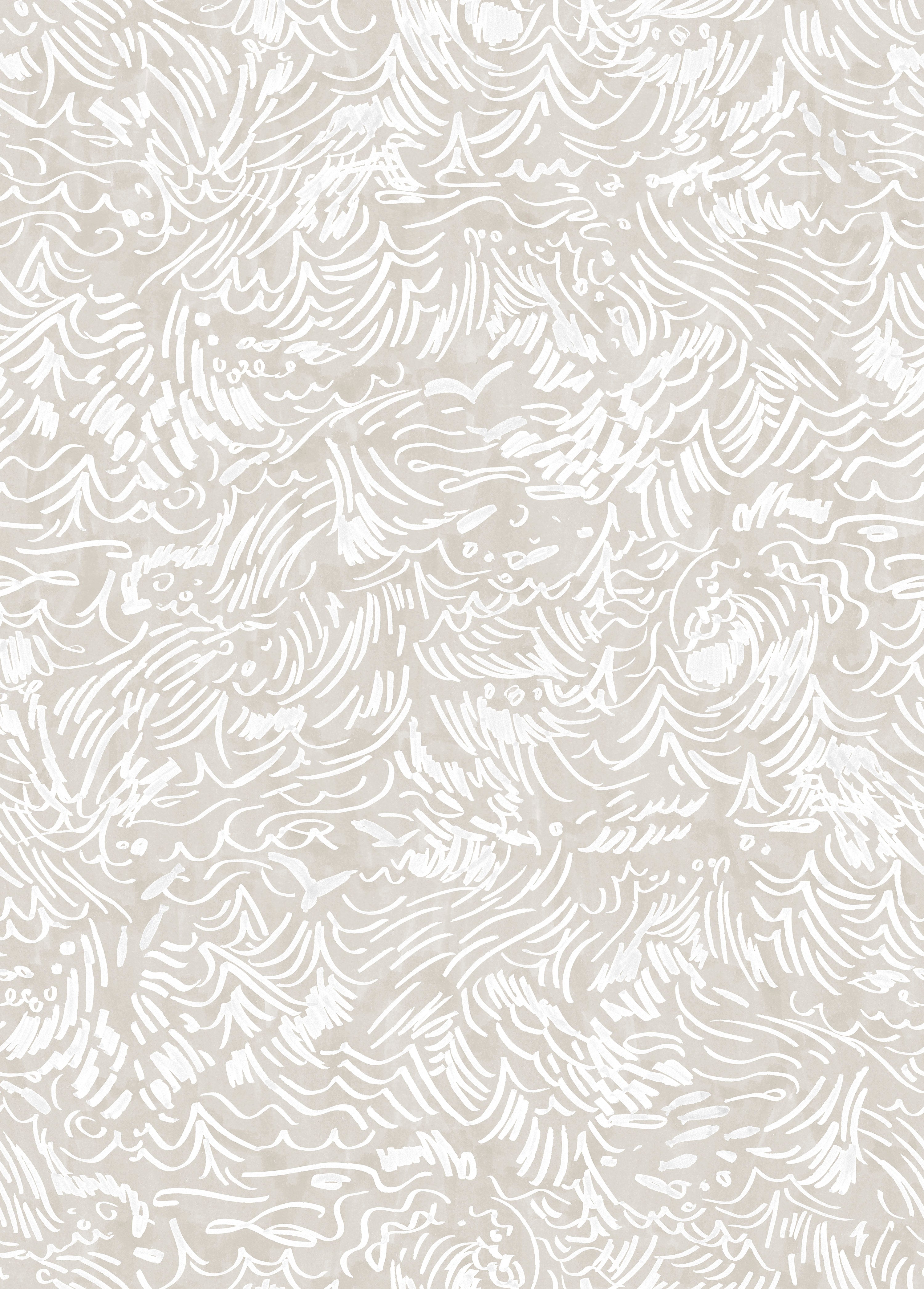 Detail of wallpaper in a painterly wave print in white on a cream field.