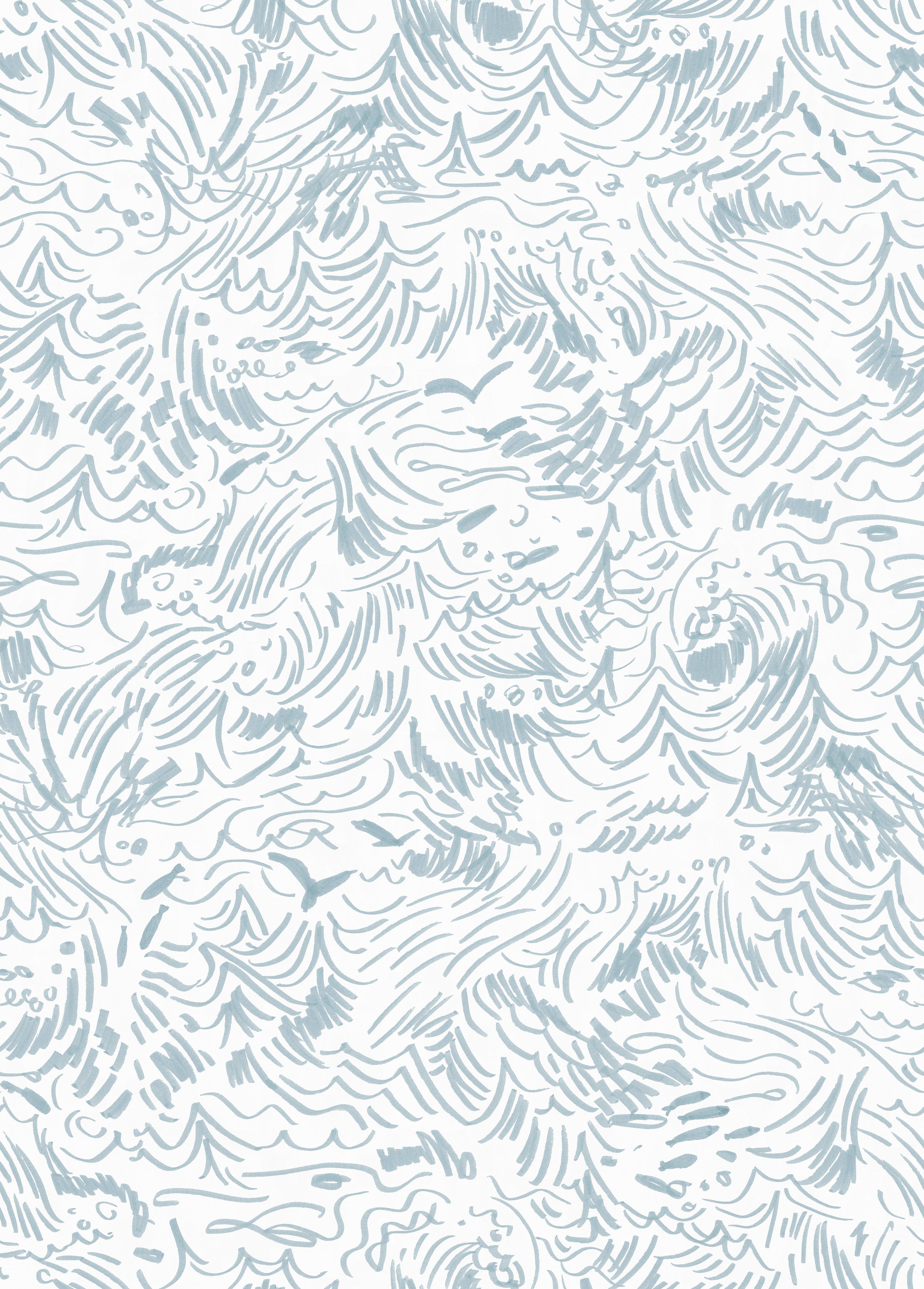 Detail of wallpaper in a painterly wave print in light blue on a white field.