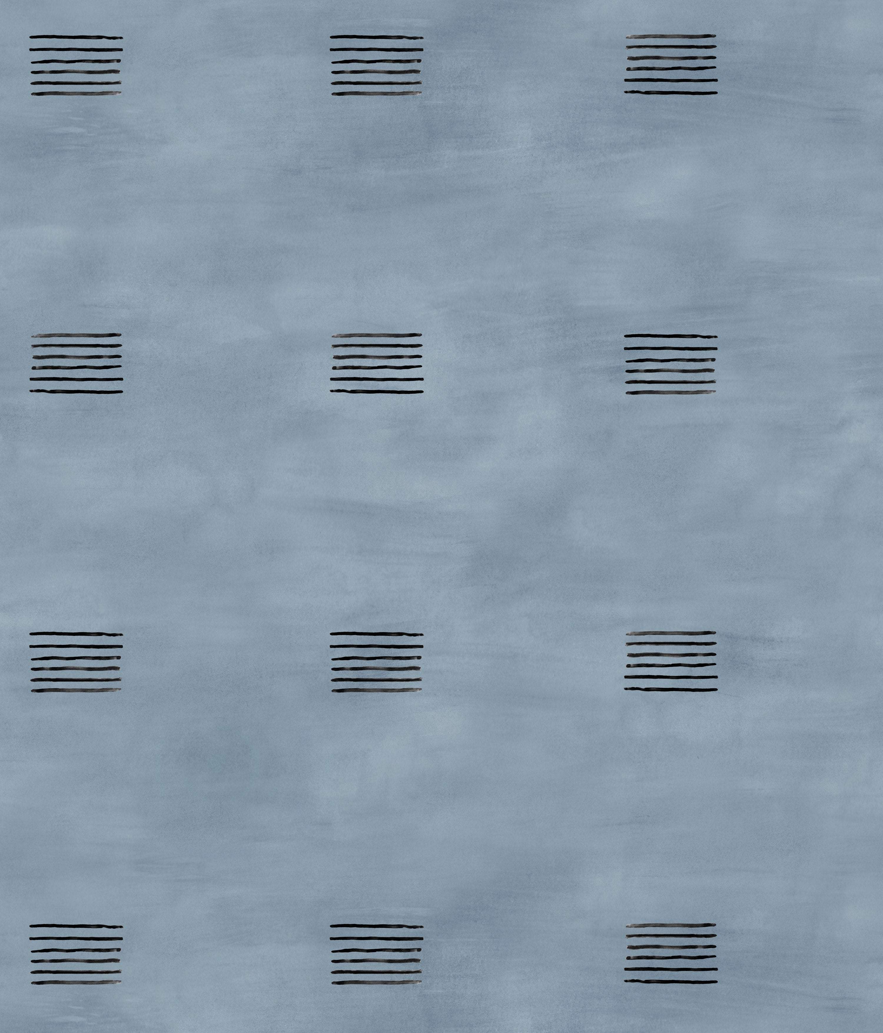 Detail of wallpaper in a gridded dash print in black on a blue field.