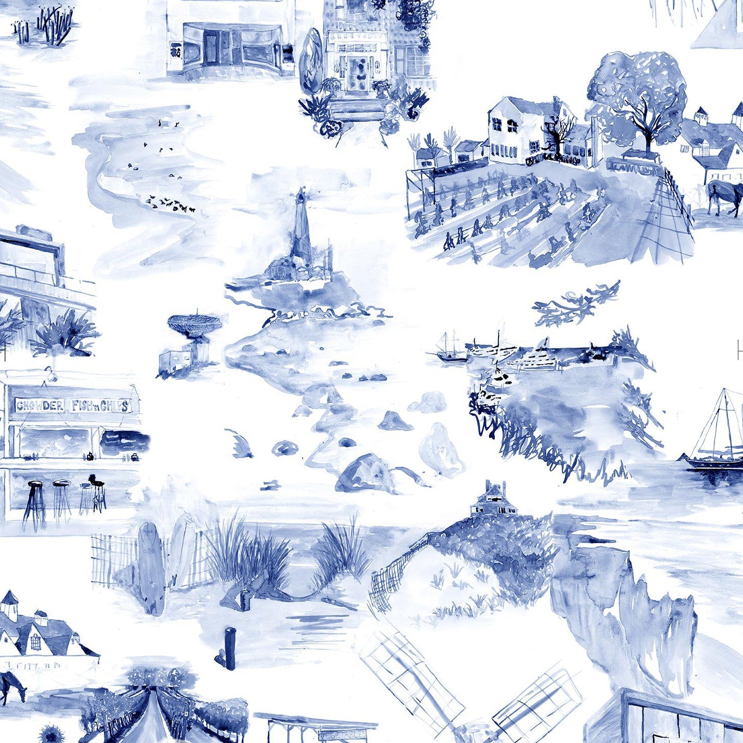 Detail of wallpaper in a playful illustrated city print in shades of navy and blue on a white field.