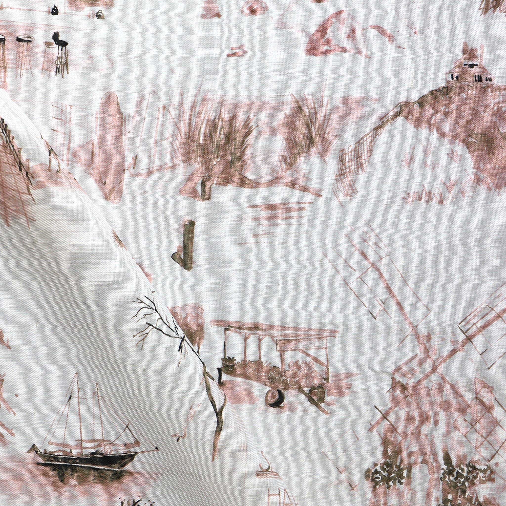 Draped fabric yardage in a playful painterly landscape print in pink and tan on a cream field.