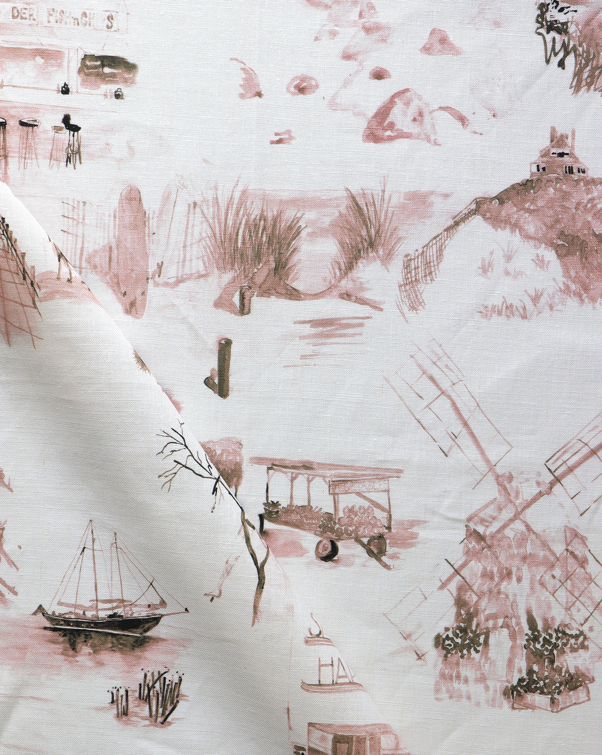 Draped fabric yardage in a playful painterly landscape print in pink and tan on a cream field.