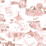 Detail of wallpaper in a playful illustrated city print in shades of pink and brown on a white field.