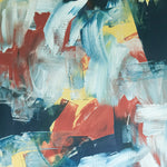 Detail of wallpaper in an abstract paint print in shades of red, blue, yellow and white.