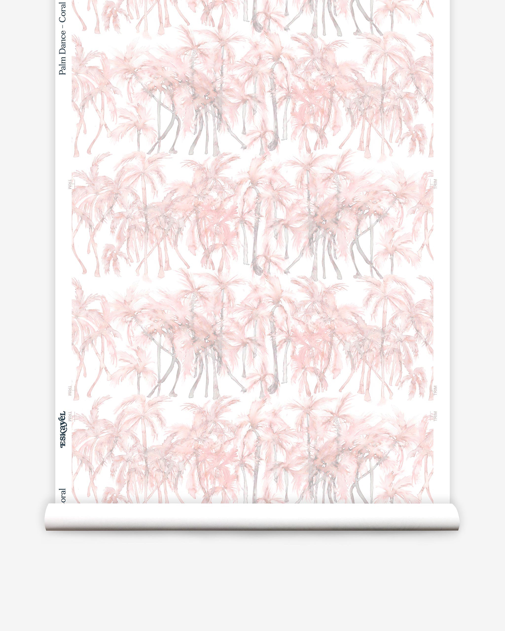 Partially unrolled wallpaper yardage in a painterly palm tree stripe print in pink, gray and white.