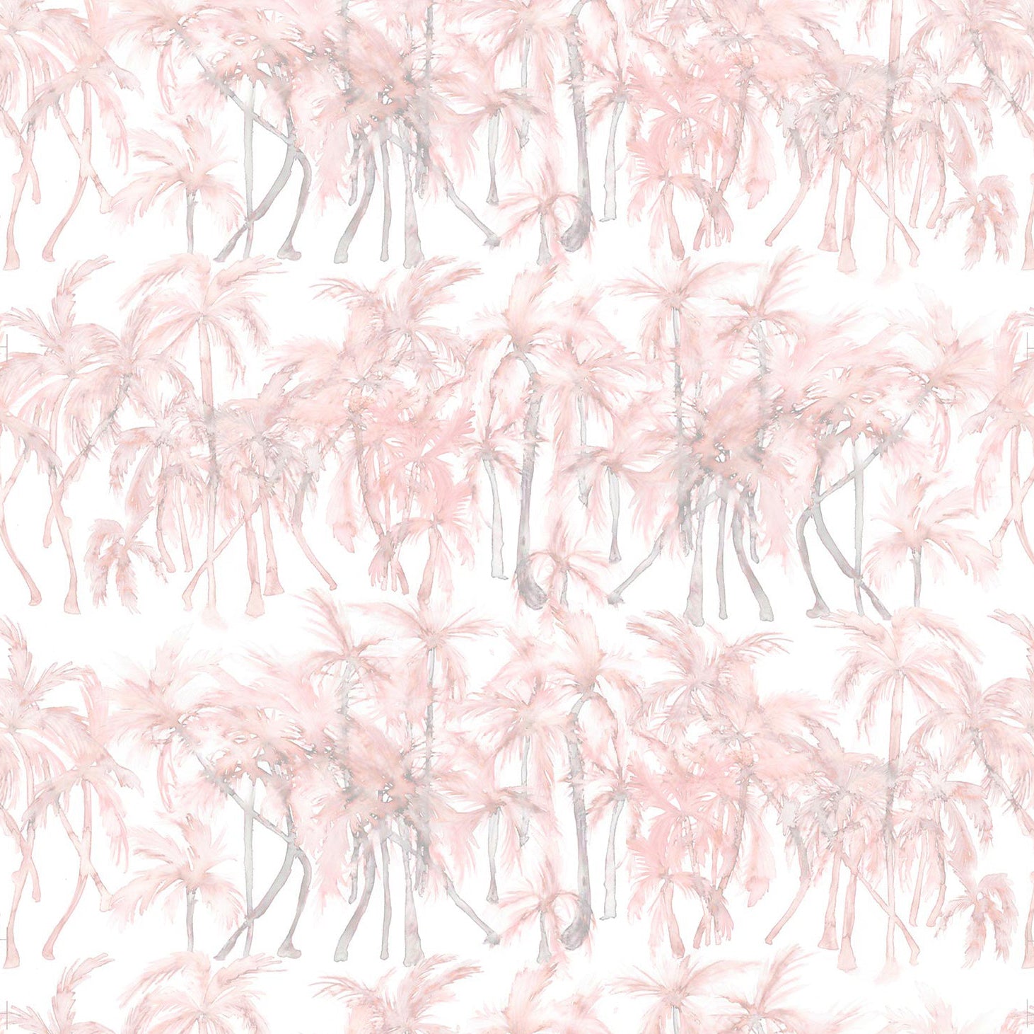 Detail of wallpaper in a painterly palm tree stripe print in shades of pink and gray on a white field.
