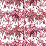 Detail of wallpaper in a painterly palm tree stripe print in shades of pink and red on a white field.