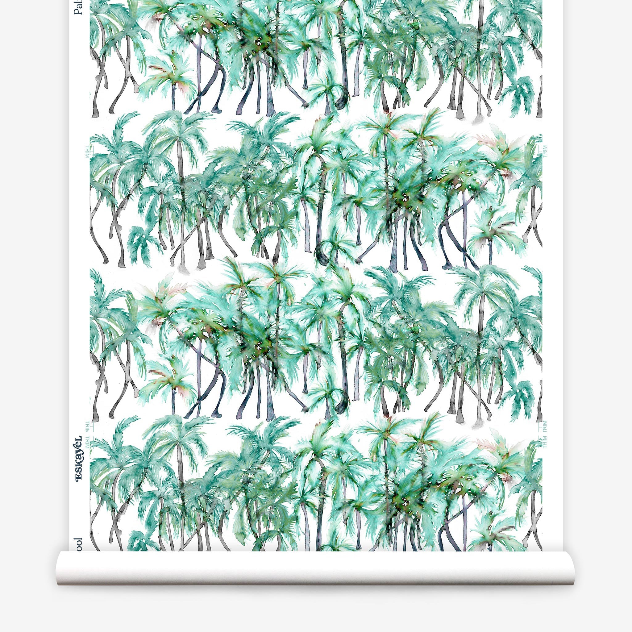 Partially unrolled wallpaper yardage in a painterly palm tree stripe print in green, gray and white.