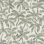 Detail of wallpaper in a playful palm tree and monkey print in green on a cream field.