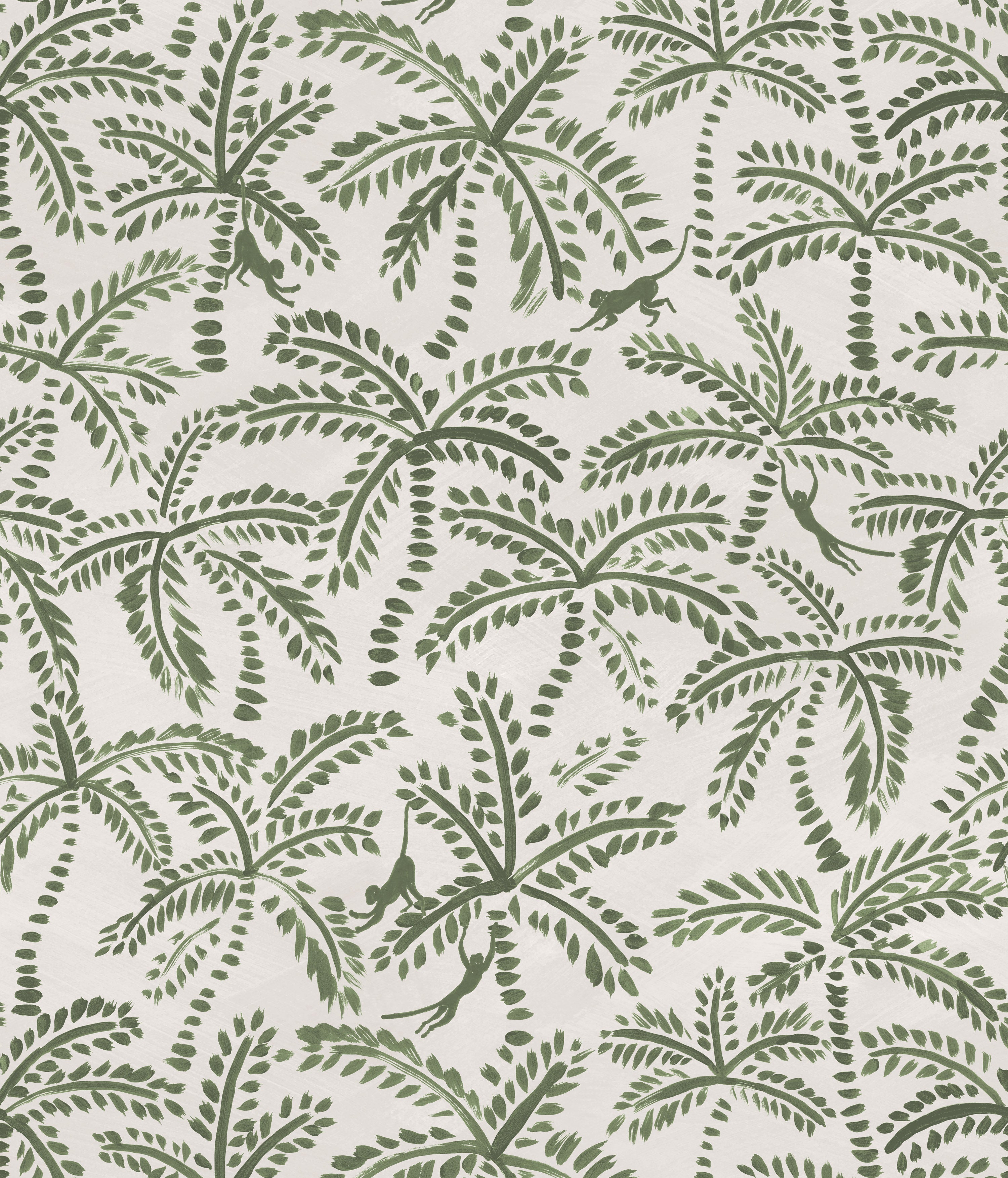 Detail of wallpaper in a playful palm tree and monkey print in green on a cream field.