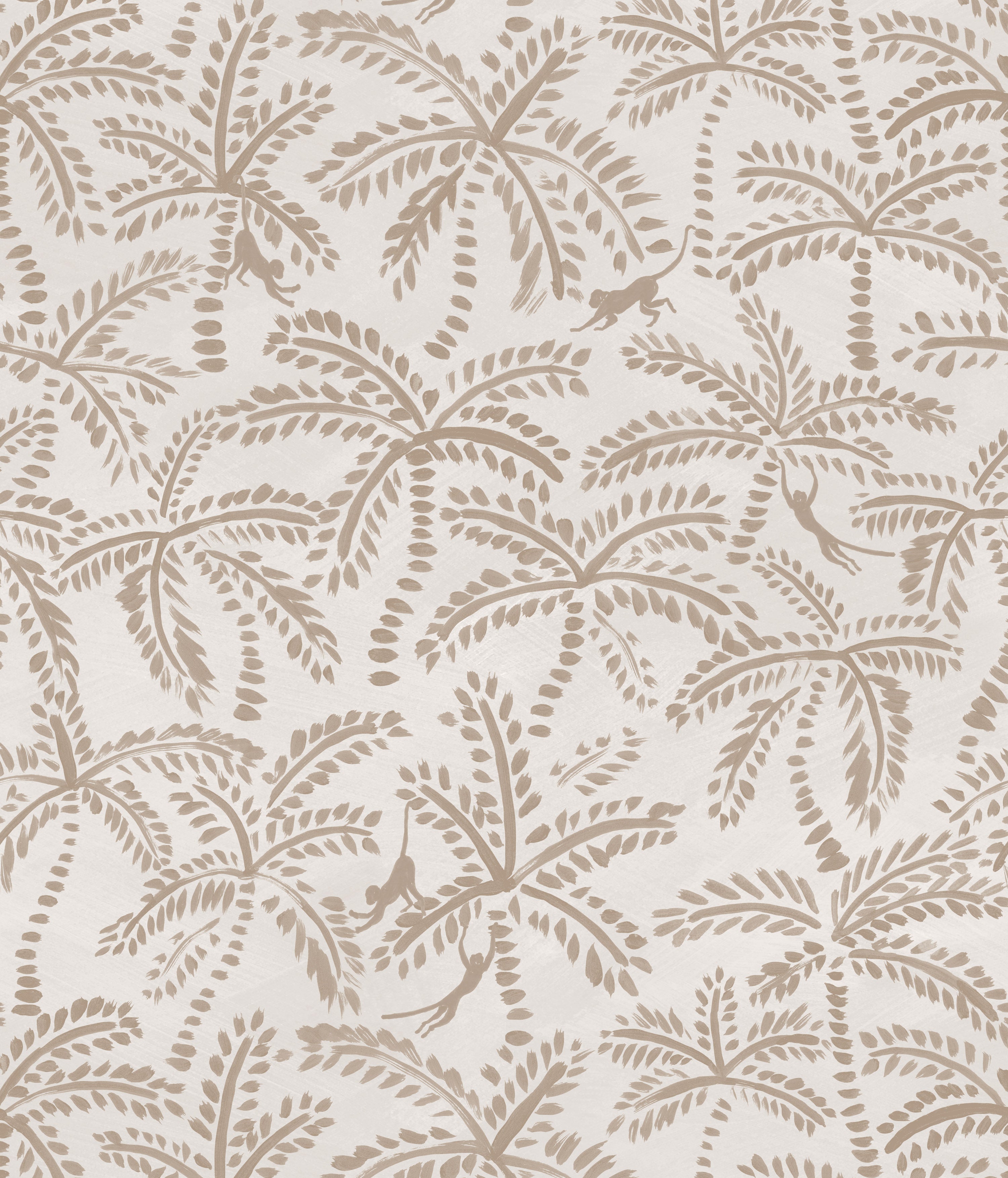 Detail of wallpaper in a playful palm tree and monkey print in tan on a cream field.