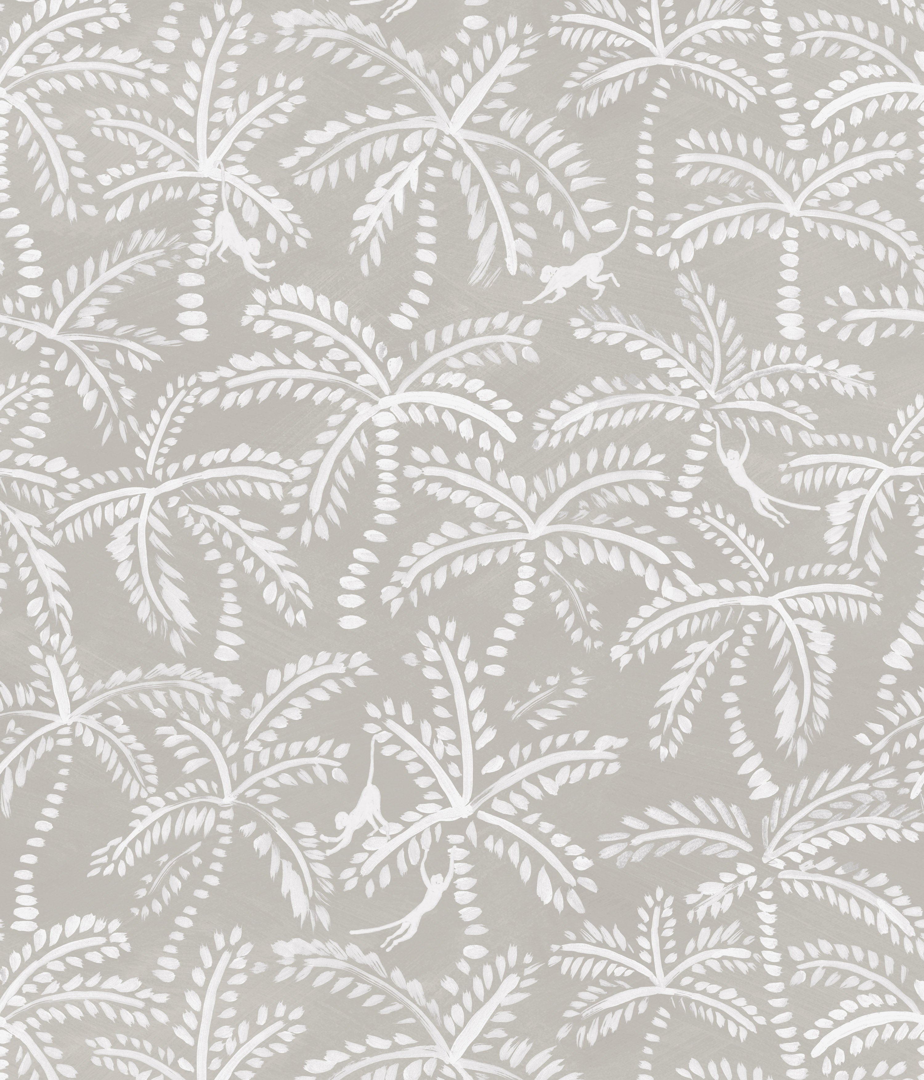 Detail of wallpaper in a playful palm tree and monkey print in white on a light gray field.