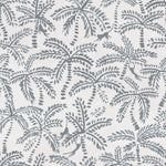 Detail of wallpaper in a playful palm tree and monkey print in gray on a white field.