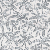 Detail of wallpaper in a playful palm tree and monkey print in gray on a white field.