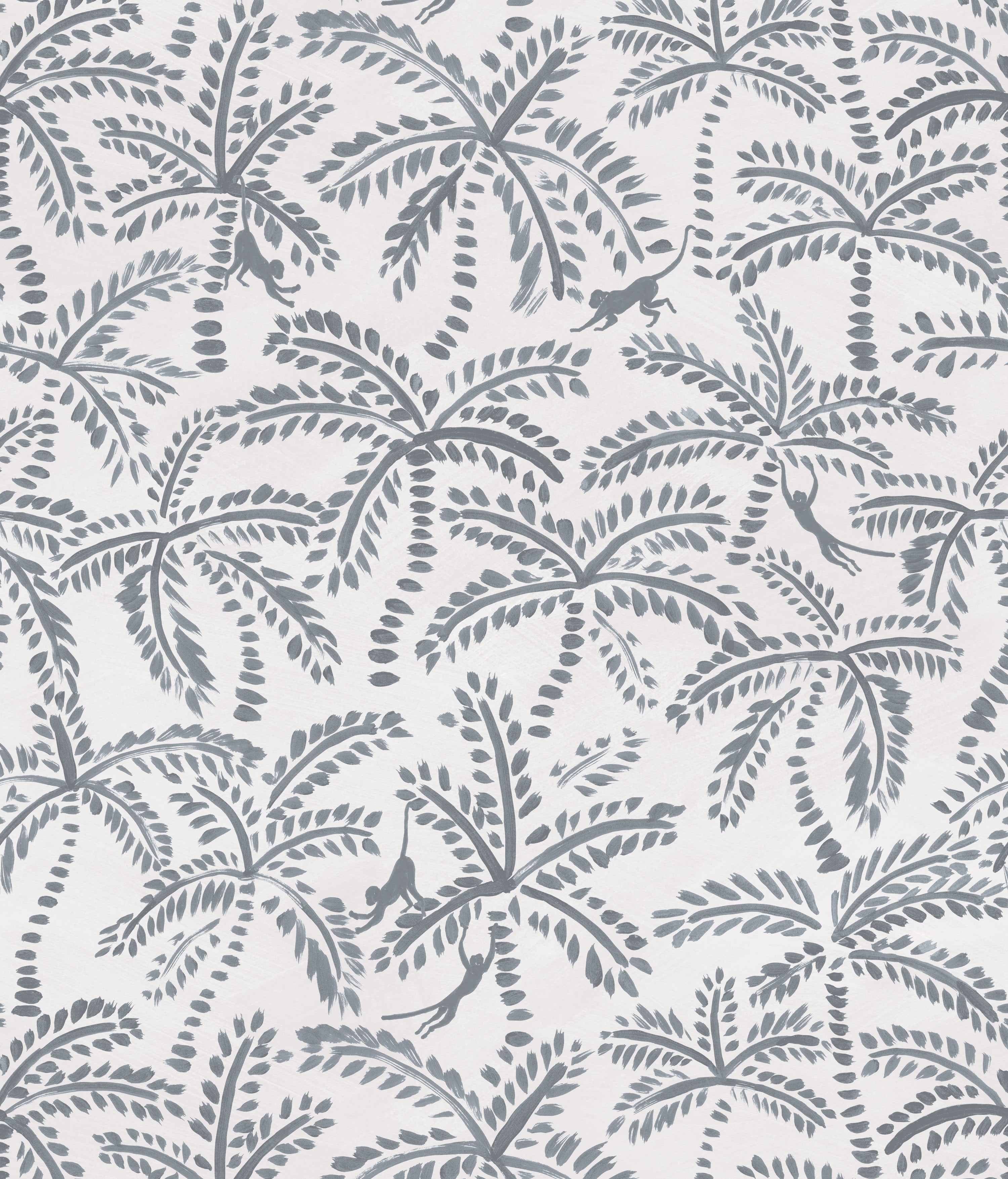 Detail of wallpaper in a playful palm tree and monkey print in gray on a white field.