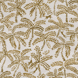 Detail of wallpaper in a playful palm tree and monkey print in gold on a cream field.