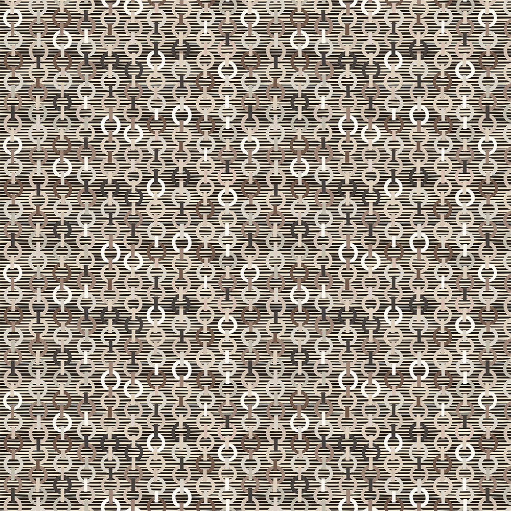 Scaled-out view of fabric in a playful paper chain stripe print in shades of cream, brown and black.