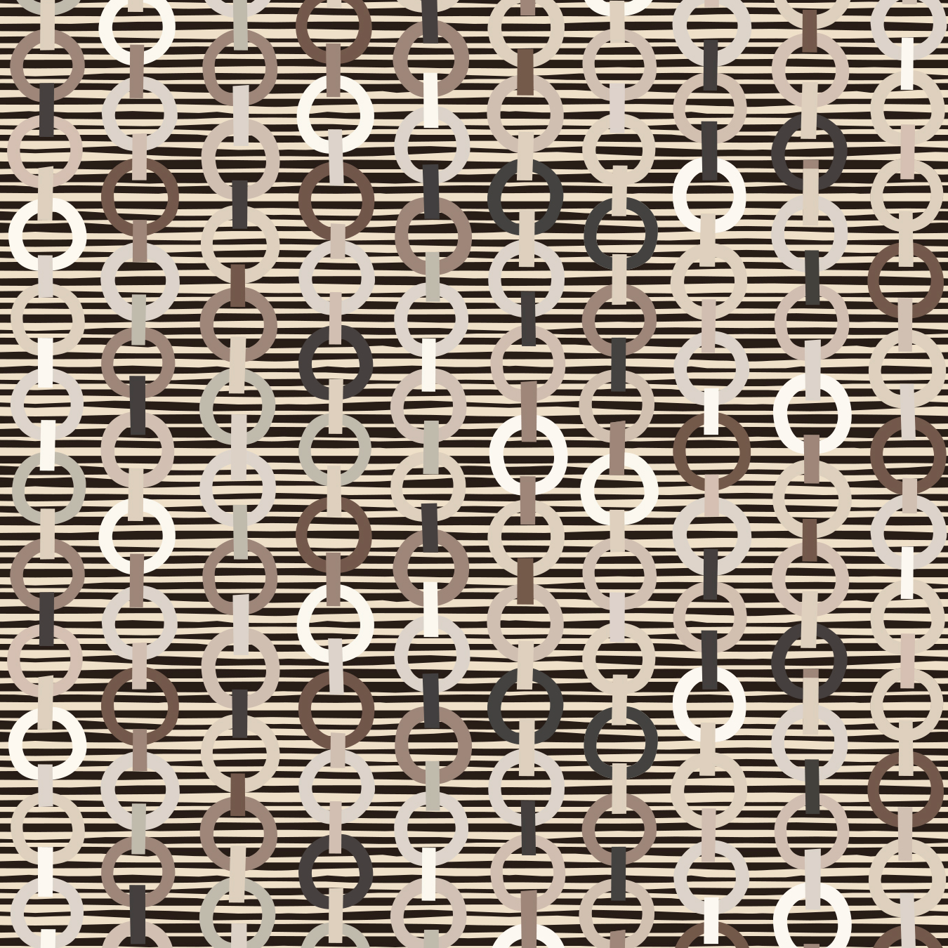 Detail of fabric in a playful paper chain stripe print in shades of cream, brown and black.